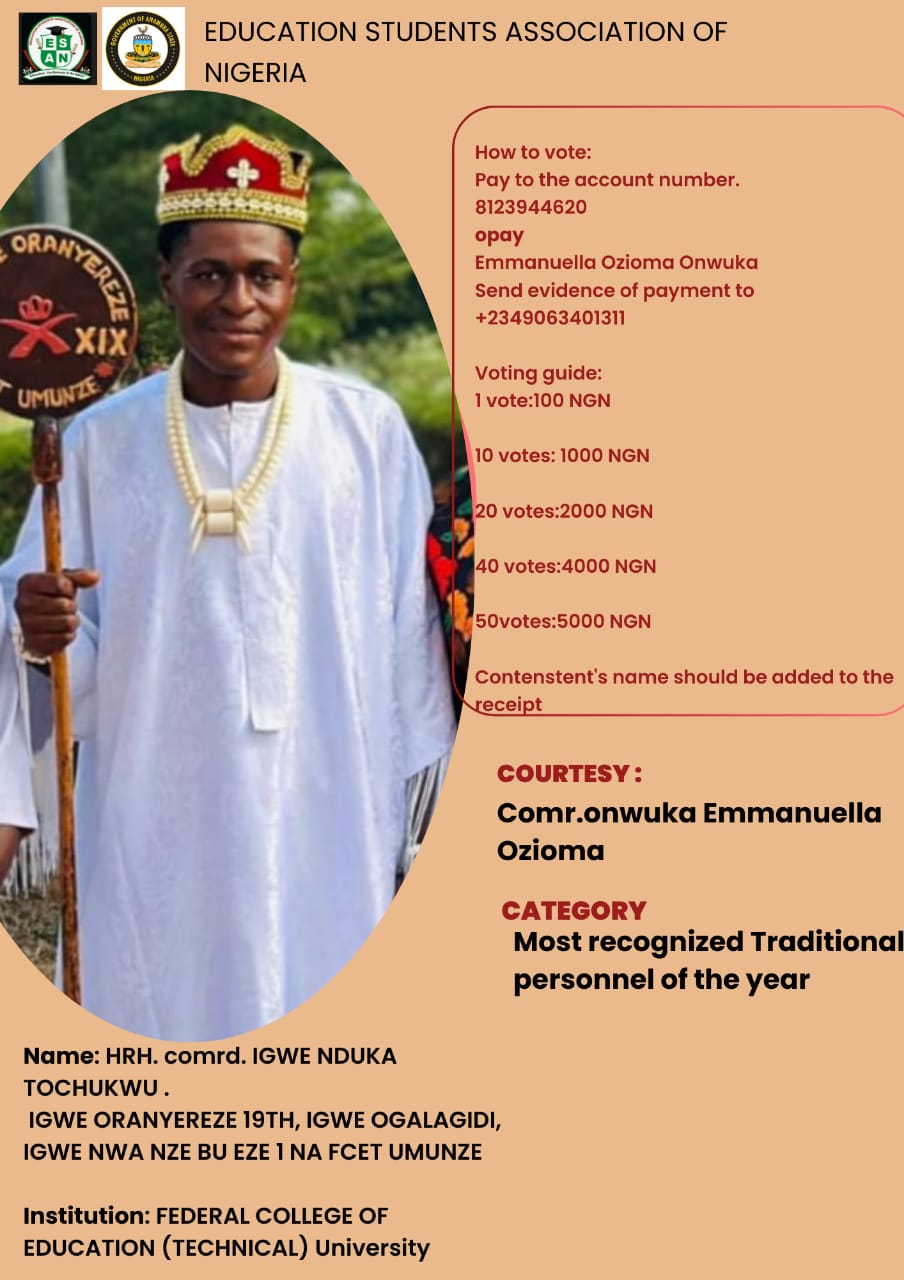 HRH IGWE NDUKA TOCHUKWU ORANYEREZE 19TH, IGWE OGALAGIDI, IGWE NWA NZE BU EZE 1 NA FCET UMUNZE